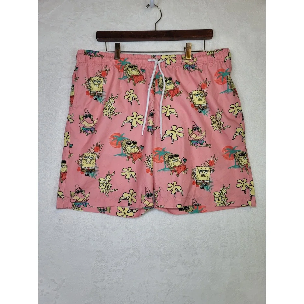 SpongeBob SquarePants Mens Pink Tropical Swim Trunks Shorts Large Whimsical Vaca